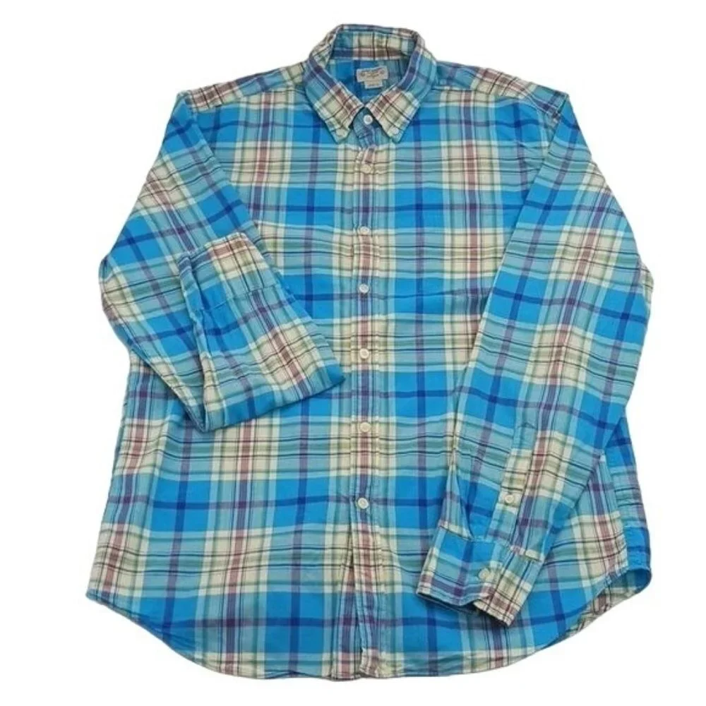 J Crew Mens L Summer Plaid Shirt Blue Button Down Long Sleeve Cotton Casual